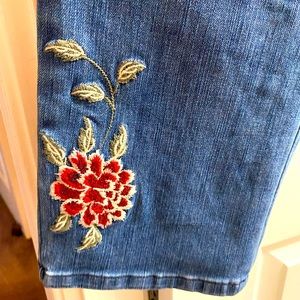 Soft Surroundings pull on jeans with beautiful embroidery on leg areas.